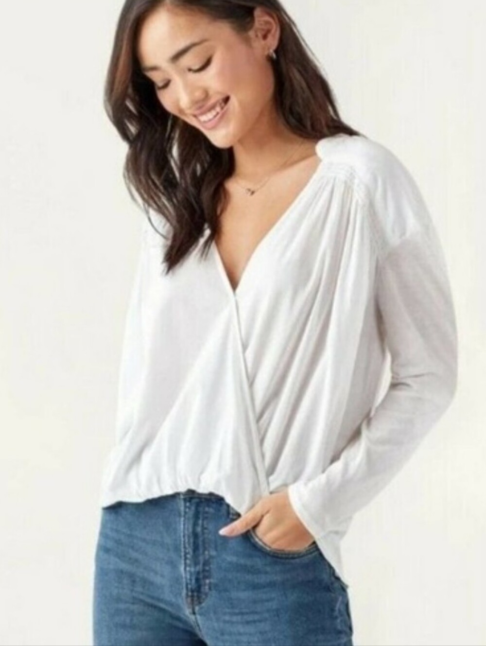 NEW Splendid Top S White Surplice Wrap Front Tee Shirt Back Hi Low Long Sl Shirt